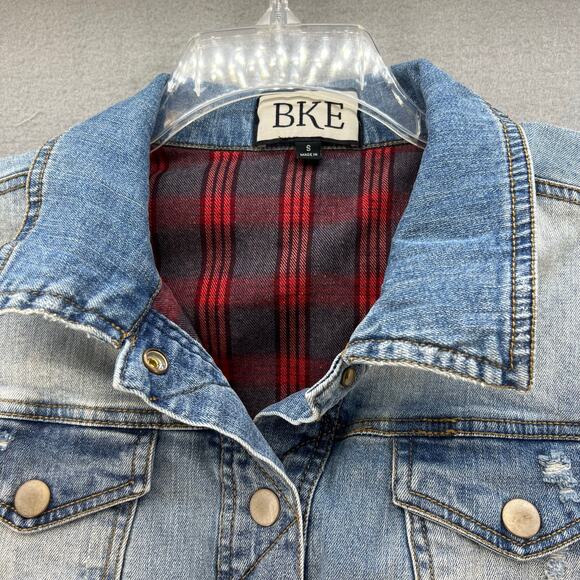 BKE Denim Jean Jacket Women's S Blue and Red Plaid Fully Reversable Preppy - Picture 5 of 14